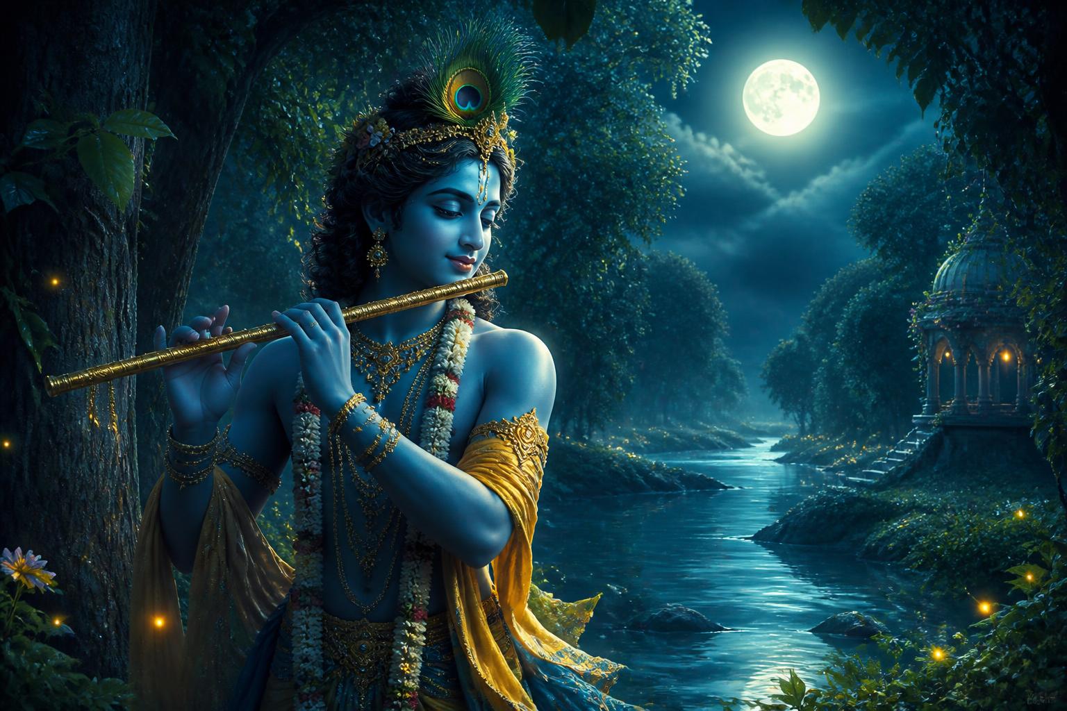 बाँसुरी थामे युवा कृष्ण, चाँदनी रात और यमुना तट पर